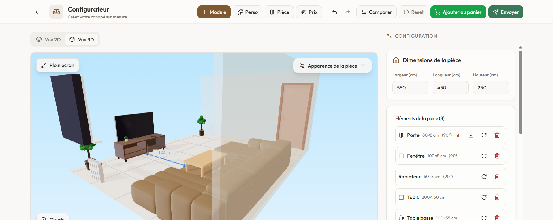 Vue 3D temps réel — rendu final avec textures et dimensions réelles
