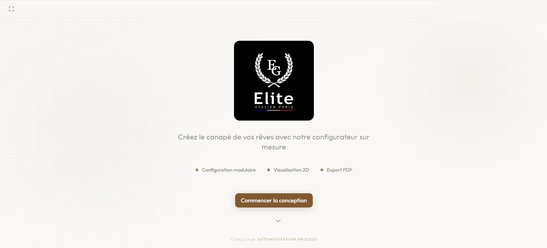 Écran d'accueil — entrée dans le configurateur sur mesure