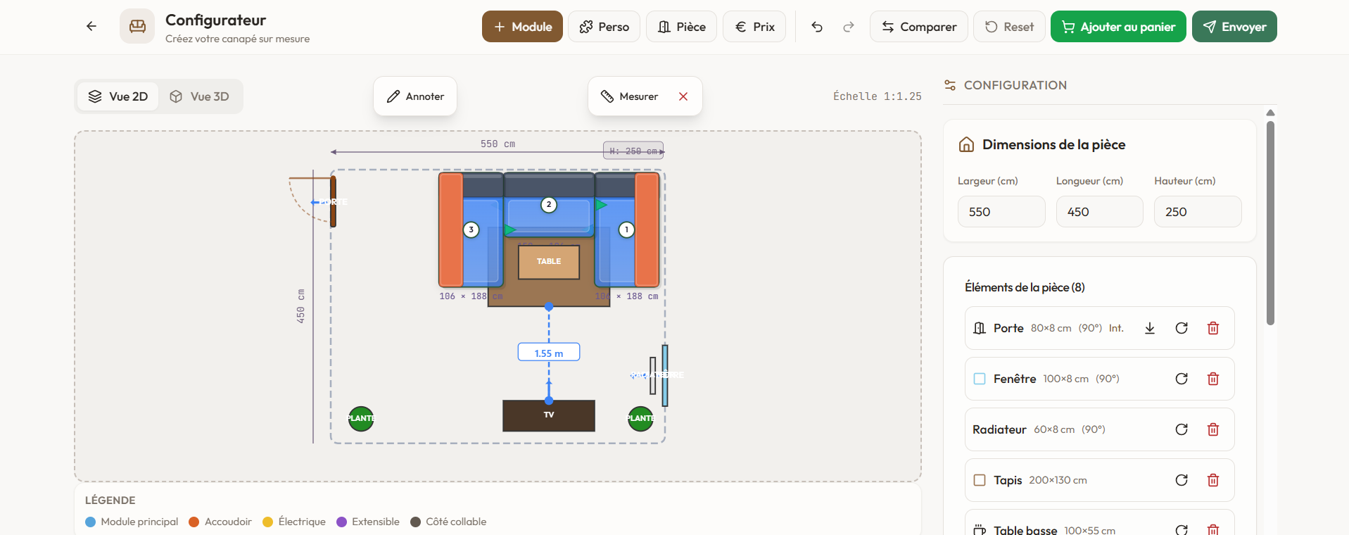 Canvas 2D interactif — assemblage des modules, rotation et snap automatique